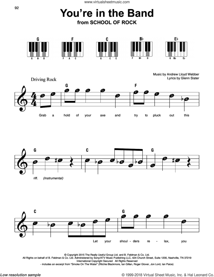 You're In The Band (from School of Rock: The Musical) sheet music for piano solo by Andrew Lloyd Webber and Glenn Slater, beginner skill level