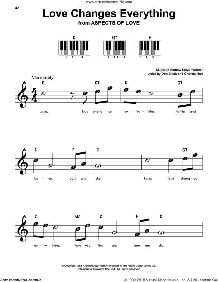 Love Changes Everything (from Aspects Of Love) sheet music for piano solo by Andrew Lloyd Webber, Charles Hart and Don Black, beginner skill level
