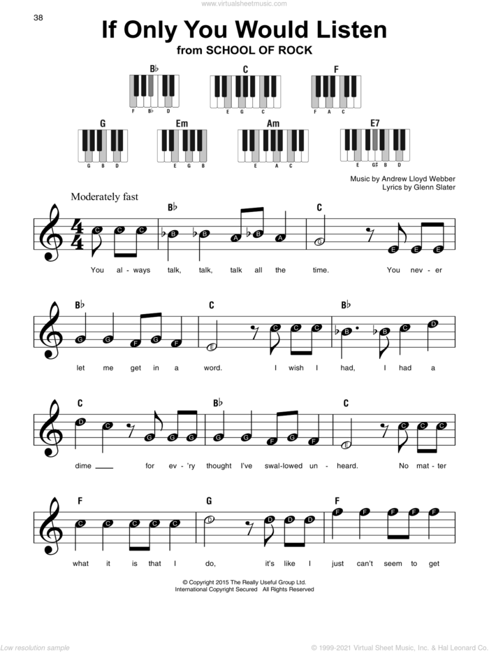 If Only You Would Listen (from School of Rock: The Musical), (beginner) sheet music for piano solo by Andrew Lloyd Webber and Glenn Slater, beginner skill level