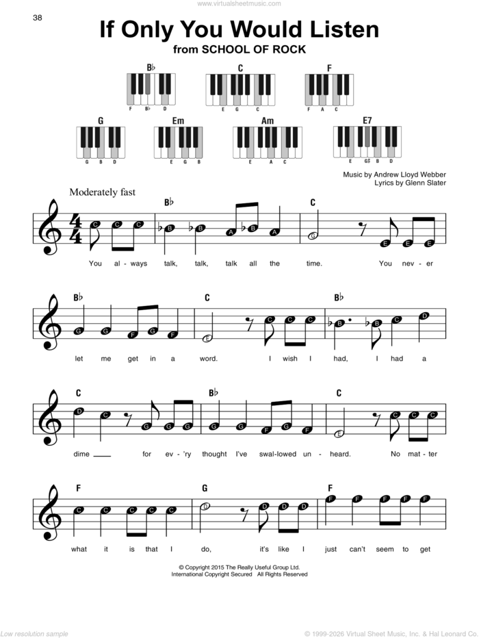 If Only You Would Listen (from School of Rock: The Musical), (beginner) sheet music for piano solo by Andrew Lloyd Webber and Glenn Slater, beginner skill level