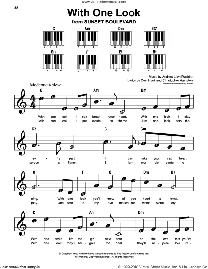 With One Look sheet music for piano solo by Andrew Lloyd Webber, Christopher Hampton and Don Black, beginner skill level