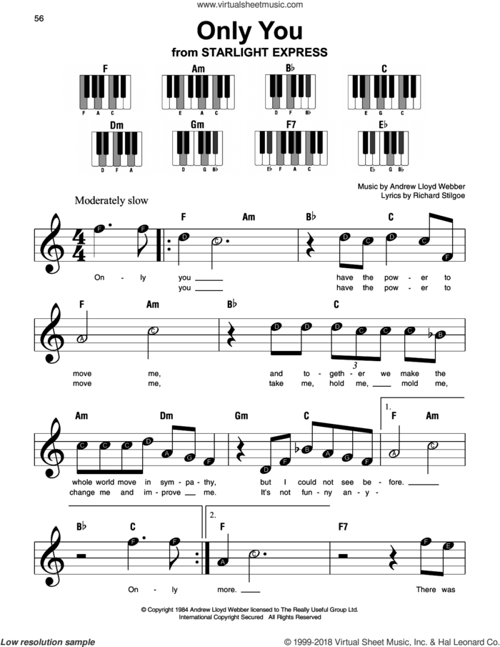 Only You sheet music for piano solo by Andrew Lloyd Webber and Richard Stilgoe, beginner skill level
