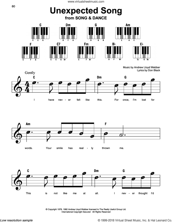 Unexpected Song (from Song and Dance) sheet music for piano solo by Sarah Brightman, Bernadette Peters, Michael Crawford, Andrew Lloyd Webber and Don Black, beginner skill level
