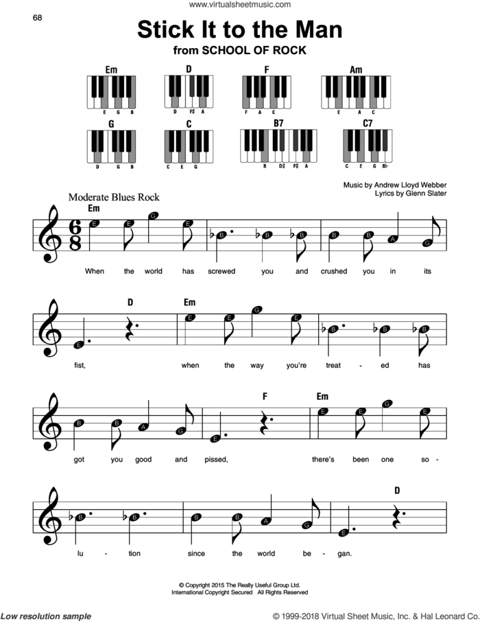 Stick It To The Man (from School of Rock: The Musical) sheet music for piano solo by Andrew Lloyd Webber and Glenn Slater, beginner skill level