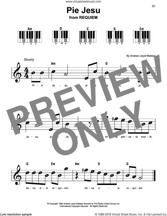 Pie Jesu, (beginner) sheet music for piano solo by Andrew Lloyd Webber and Sarah Brightman, beginner skill level
