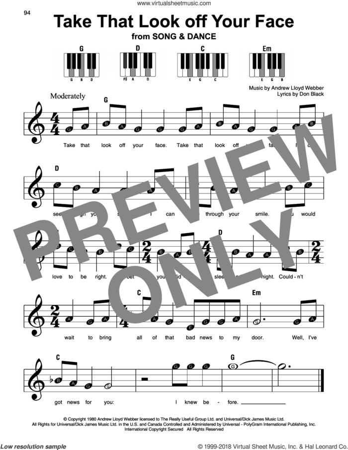 Take That Look Off Your Face, (beginner) sheet music for piano solo by Andrew Lloyd Webber and Don Black, beginner skill level