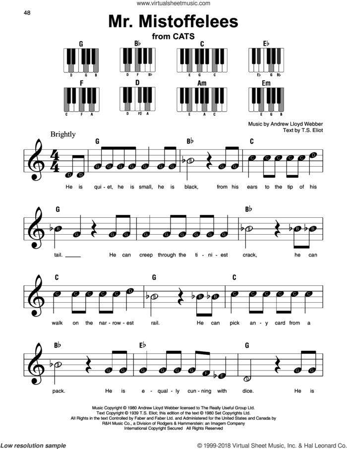 Mr. Mistoffelees (from Cats), (beginner) sheet music for piano solo by Andrew Lloyd Webber and T.S. Eliot, beginner skill level