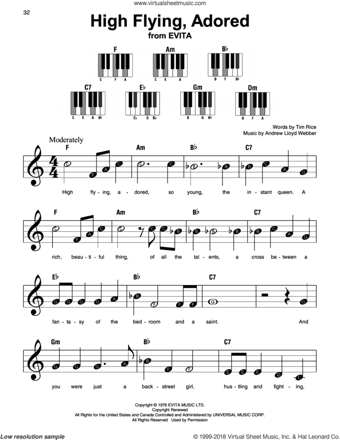 High Flying, Adored sheet music for piano solo by Andrew Lloyd Webber and Tim Rice, beginner skill level