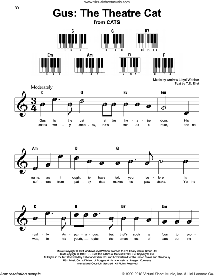 Gus: The Theatre Cat (from Cats), (beginner) sheet music for piano solo by Andrew Lloyd Webber and T.S. Eliot, beginner skill level