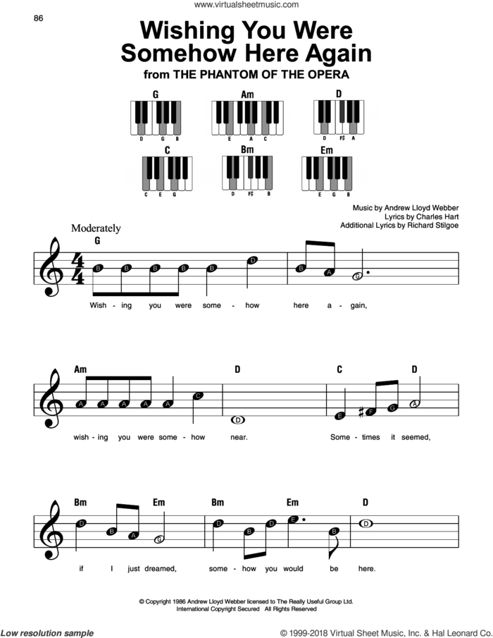 Wishing You Were Somehow Here Again (from The Phantom Of The Opera), (beginner) (from The Phantom Of The Opera) sheet music for piano solo by Andrew Lloyd Webber, Charles Hart and Richard Stilgoe, beginner skill level