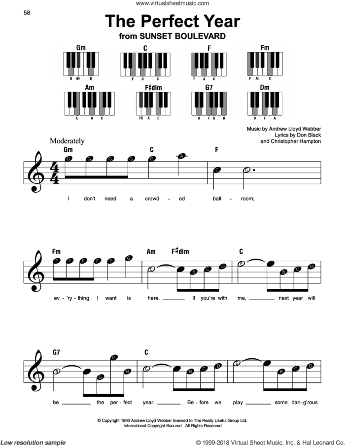 The Perfect Year sheet music for piano solo by Andrew Lloyd Webber, Christopher Hampton and Don Black, beginner skill level