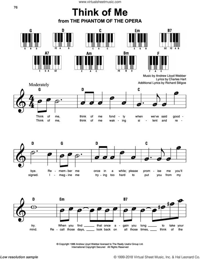 Think Of Me (from The Phantom Of The Opera) sheet music for piano solo by Andrew Lloyd Webber, Charles Hart and Richard Stilgoe, beginner skill level