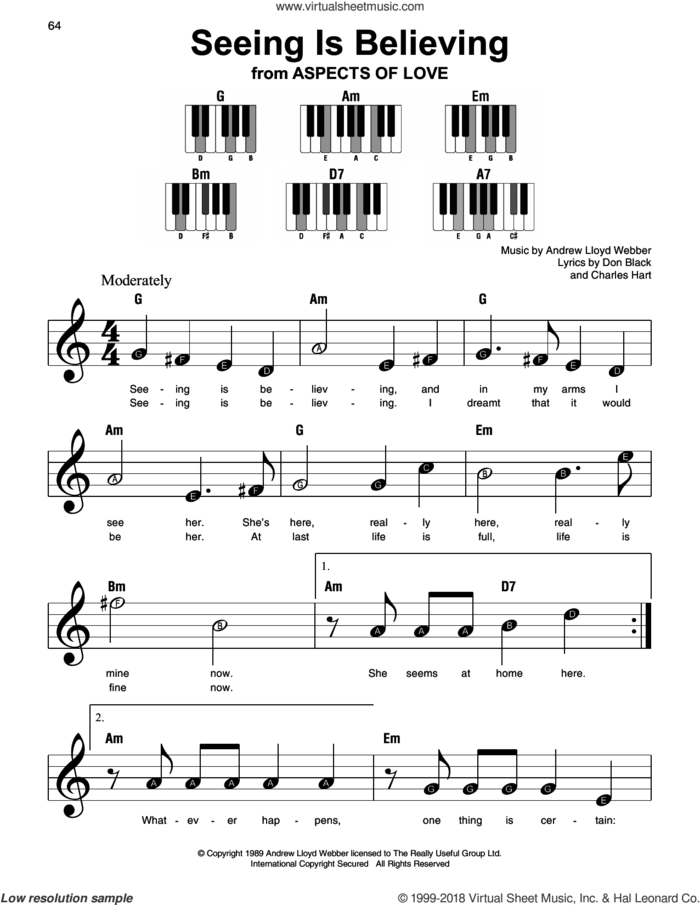 Seeing Is Believing (from Aspects of Love) sheet music for piano solo by Andrew Lloyd Webber, Charles Hart and Don Black, beginner skill level