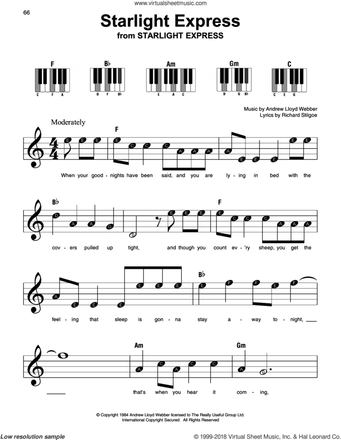 Starlight Express sheet music for piano solo by Andrew Lloyd Webber and Richard Stilgoe, beginner skill level