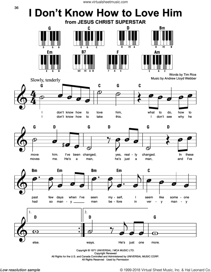 I Don't Know How To Love Him sheet music for piano solo by Andrew Lloyd Webber, Helen Reddy and Tim Rice, beginner skill level