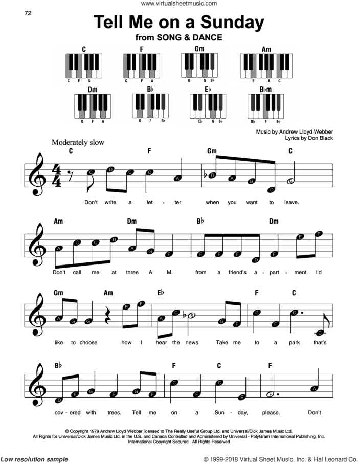 Tell Me On A Sunday, (beginner) sheet music for piano solo by Andrew Lloyd Webber and Don Black, beginner skill level