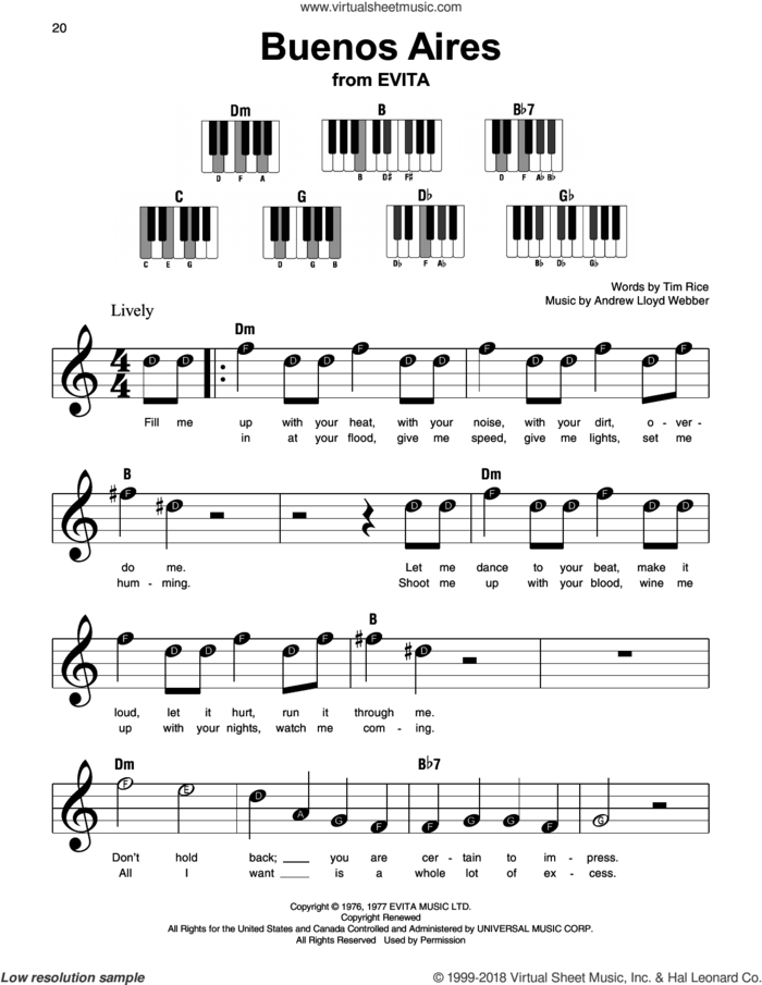 Buenos Aires sheet music for piano solo by Andrew Lloyd Webber and Tim Rice, beginner skill level