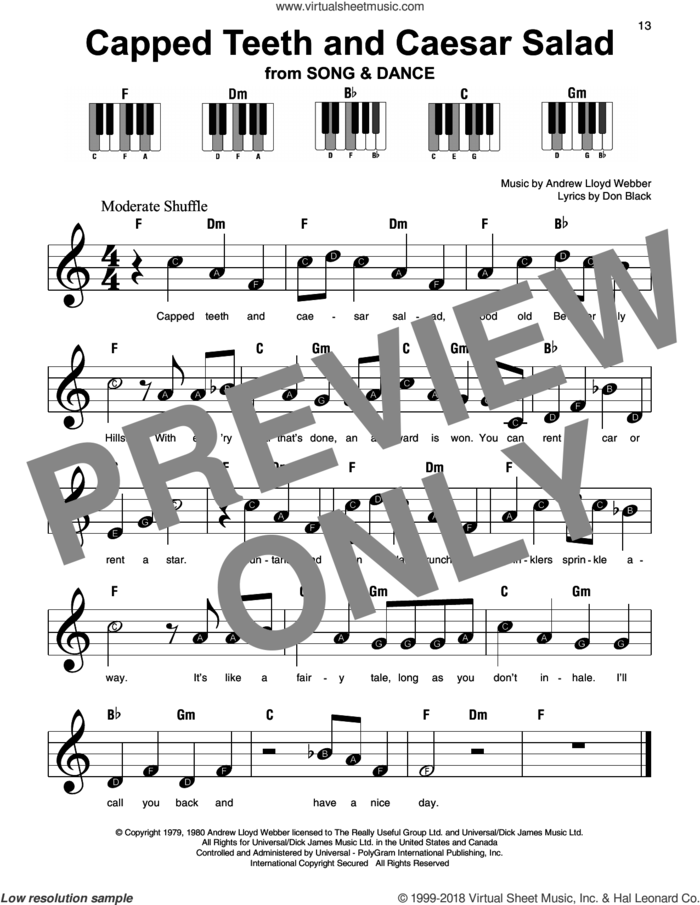 Capped Teeth And Caesar Salad sheet music for piano solo by Andrew Lloyd Webber and Don Black, beginner skill level