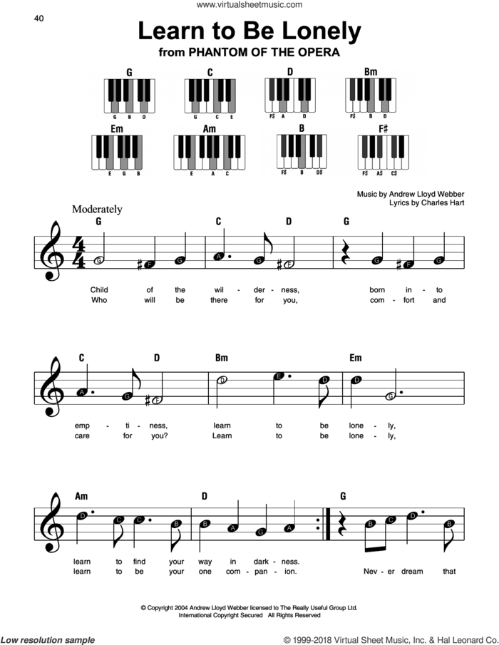 Learn To Be Lonely sheet music for piano solo by Andrew Lloyd Webber and Charles Hart, beginner skill level