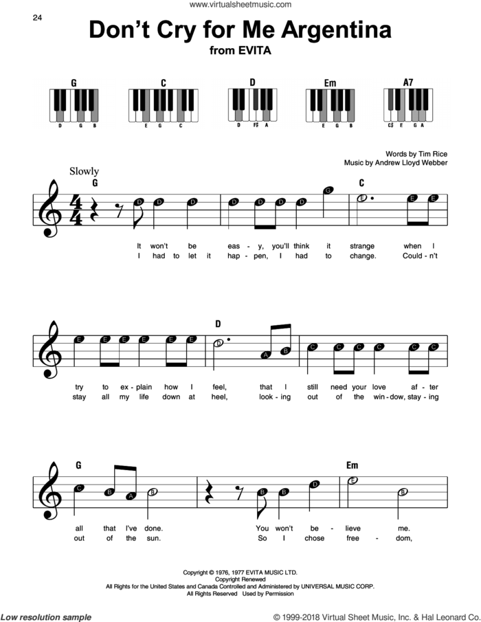 Don't Cry For Me Argentina sheet music for piano solo by Andrew Lloyd Webber, Madonna and Tim Rice, beginner skill level