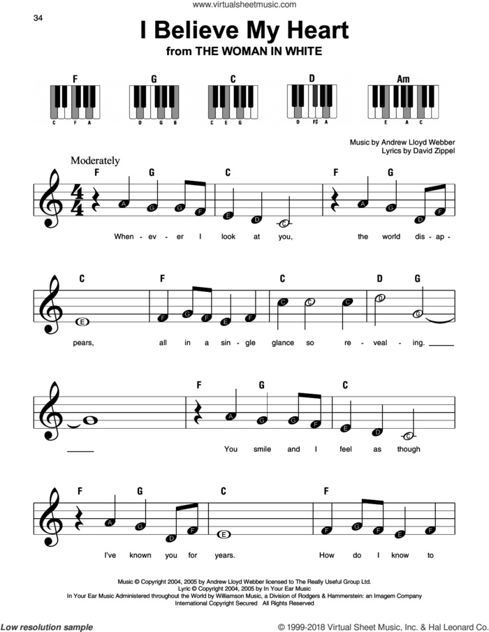 I Believe My Heart (from The Woman In White) sheet music for piano solo by Andrew Lloyd Webber and David Zippel, beginner skill level