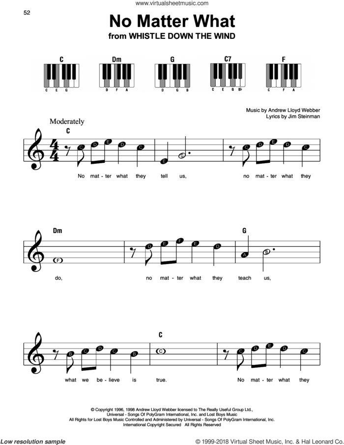 No Matter What sheet music for piano solo by Andrew Lloyd Webber, Boyzone and Jim Steinman, beginner skill level