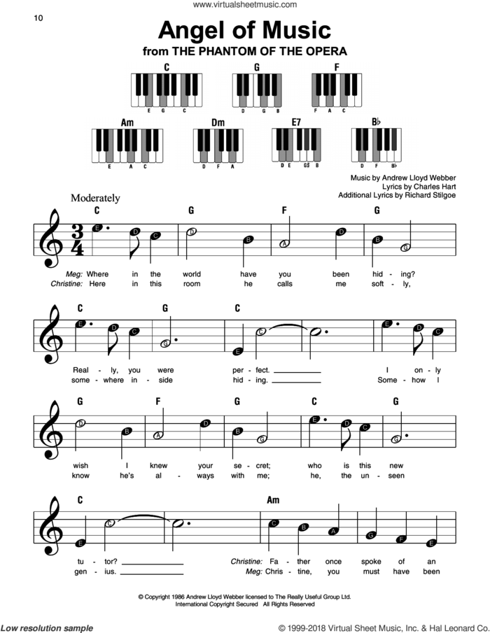 Angel Of Music (from The Phantom Of The Opera), (beginner) (from The Phantom Of The Opera) sheet music for piano solo by Andrew Lloyd Webber, Charles Hart and Richard Stilgoe, beginner skill level