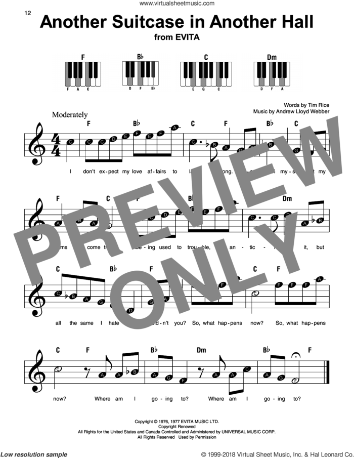 Another Suitcase In Another Hall (from Evita), (beginner) sheet music for piano solo by Andrew Lloyd Webber and Tim Rice, beginner skill level