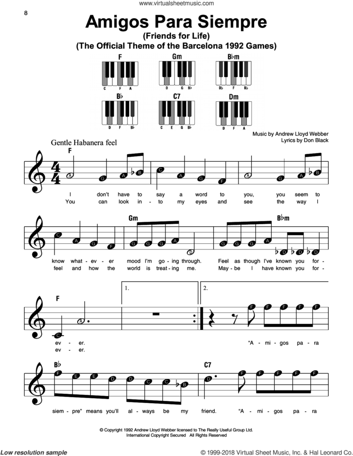 Amigos Para Siempre (Friends For Life) sheet music for piano solo by Andrew Lloyd Webber and Don Black, beginner skill level