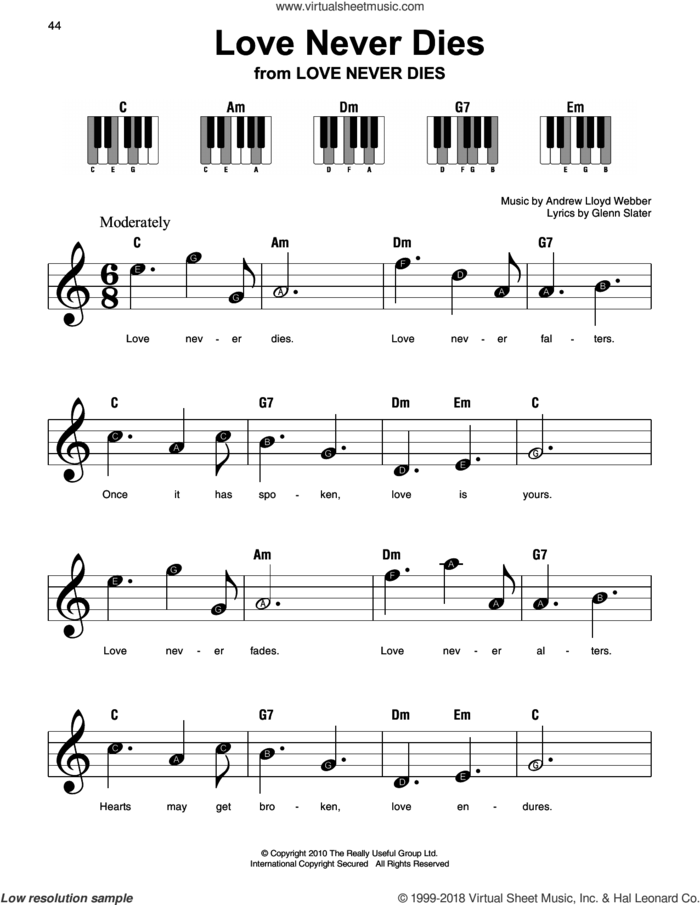 Love Never Dies sheet music for piano solo by Andrew Lloyd Webber and Glenn Slater, beginner skill level