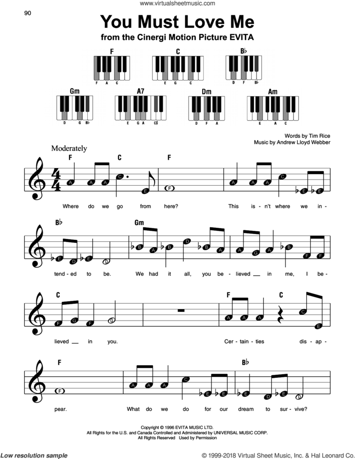 You Must Love Me sheet music for piano solo by Andrew Lloyd Webber, Madonna and Tim Rice, beginner skill level
