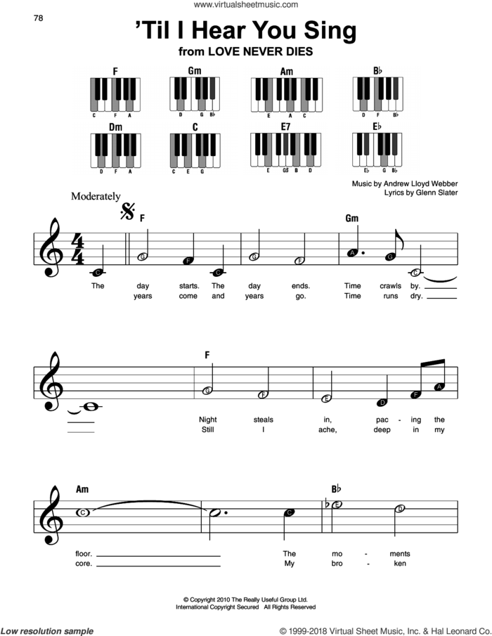 'Til I Hear You Sing sheet music for piano solo by Andrew Lloyd Webber and Glenn Slater, beginner skill level