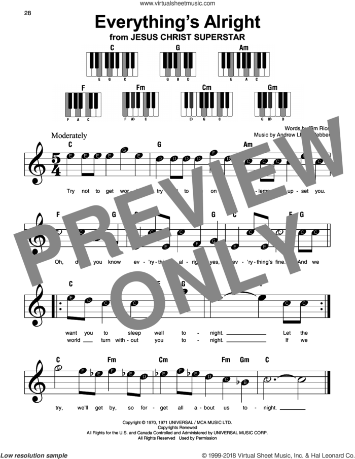 Everything's Alright sheet music for piano solo by Andrew Lloyd Webber, Yvonne Elliman and Tim Rice, beginner skill level