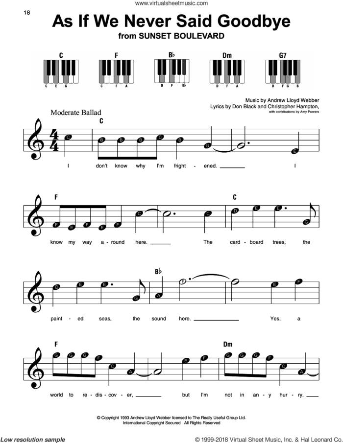 As If We Never Said Goodbye (from Sunset Boulevard) sheet music for piano solo by Andrew Lloyd Webber, Christopher Hampton and Don Black, beginner skill level