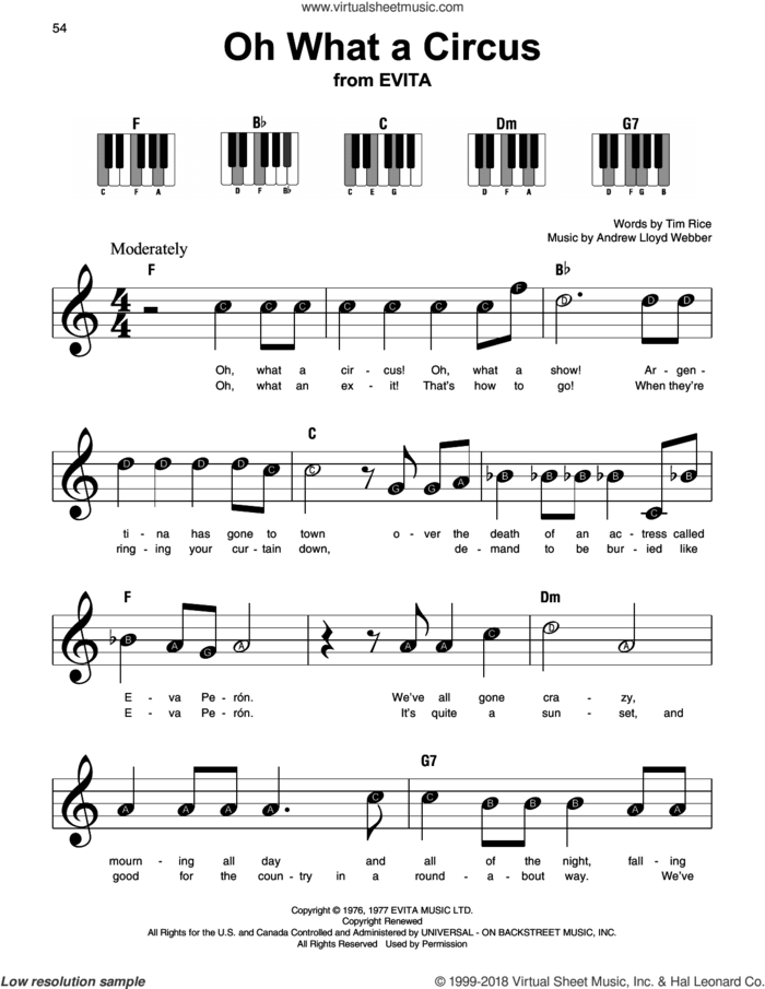Oh What A Circus sheet music for piano solo by Andrew Lloyd Webber and Tim Rice, beginner skill level