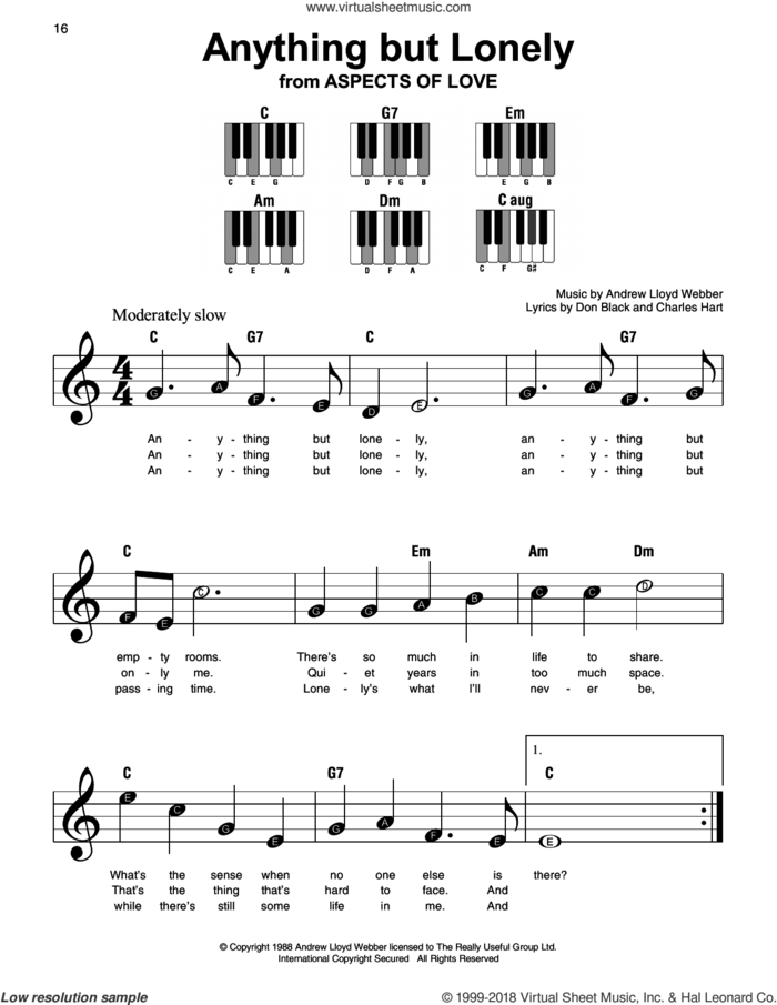 Anything But Lonely (from Aspects Of Love) sheet music for piano solo by Andrew Lloyd Webber, Charles Hart and Don Black, beginner skill level