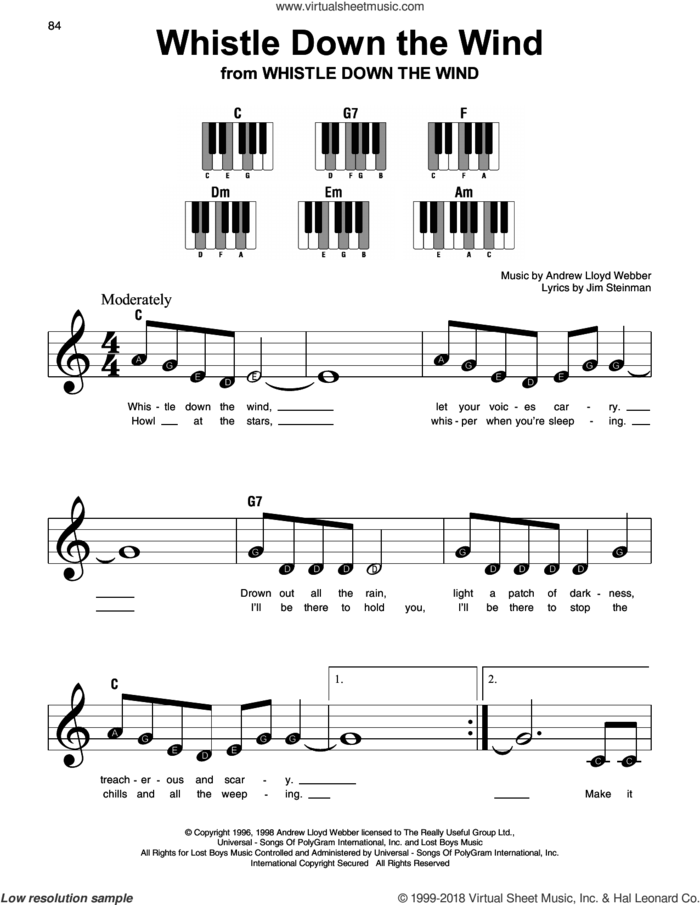 Whistle Down The Wind, (beginner) sheet music for piano solo by Andrew Lloyd Webber and Jim Steinman, beginner skill level