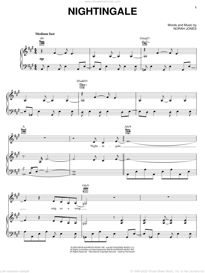 Nightingale sheet music for voice, piano or guitar by Norah Jones, intermediate skill level