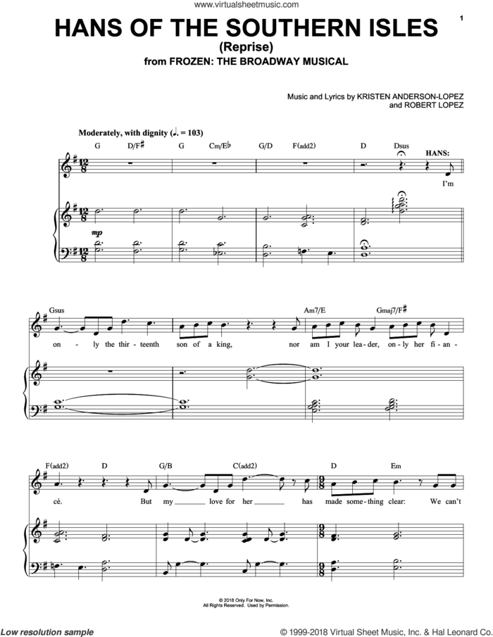 Hans Of The Southern Isles (Reprise) sheet music for voice and piano by Robert Lopez, Kristen Anderson-Lopez and Kristen Anderson-Lopez & Robert Lopez, intermediate skill level