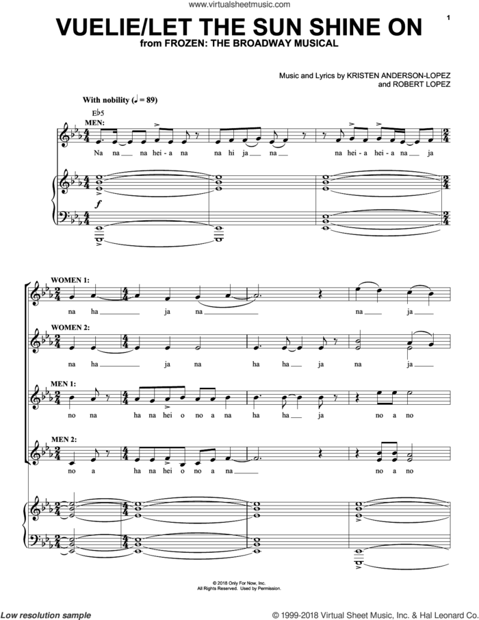 Vuelie / Let The Sun Shine On sheet music for voice and piano by Robert Lopez, Christophe Beck, Frode Fjellheim, Kristen Anderson-Lopez and Kristen Anderson-Lopez & Robert Lopez, intermediate skill level