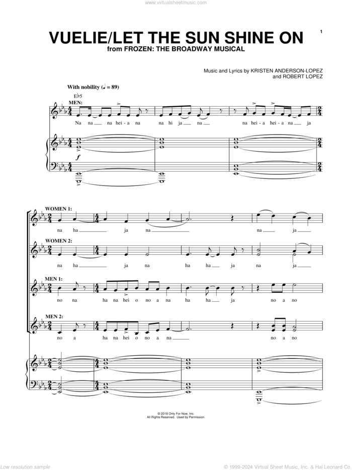 Vuelie / Let The Sun Shine On sheet music for voice and piano by Robert Lopez, Christophe Beck, Frode Fjellheim, Kristen Anderson-Lopez and Kristen Anderson-Lopez & Robert Lopez, intermediate skill level