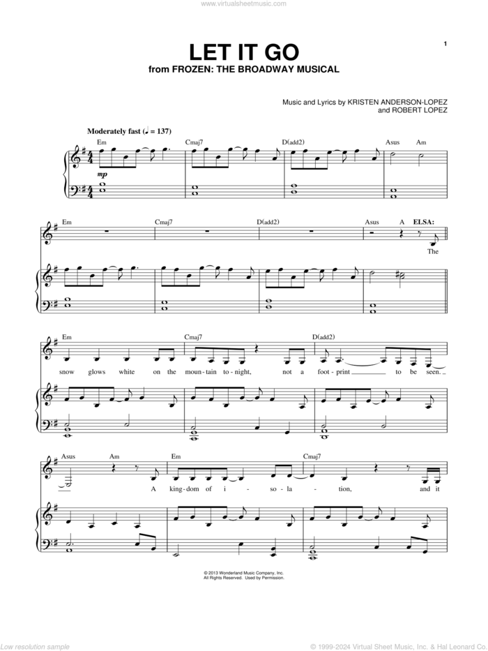 Let It Go (from Frozen: The Broadway Musical) sheet music for voice and piano by Robert Lopez, Idina Menzel, Kristen Anderson-Lopez and Kristen Anderson-Lopez & Robert Lopez, intermediate skill level