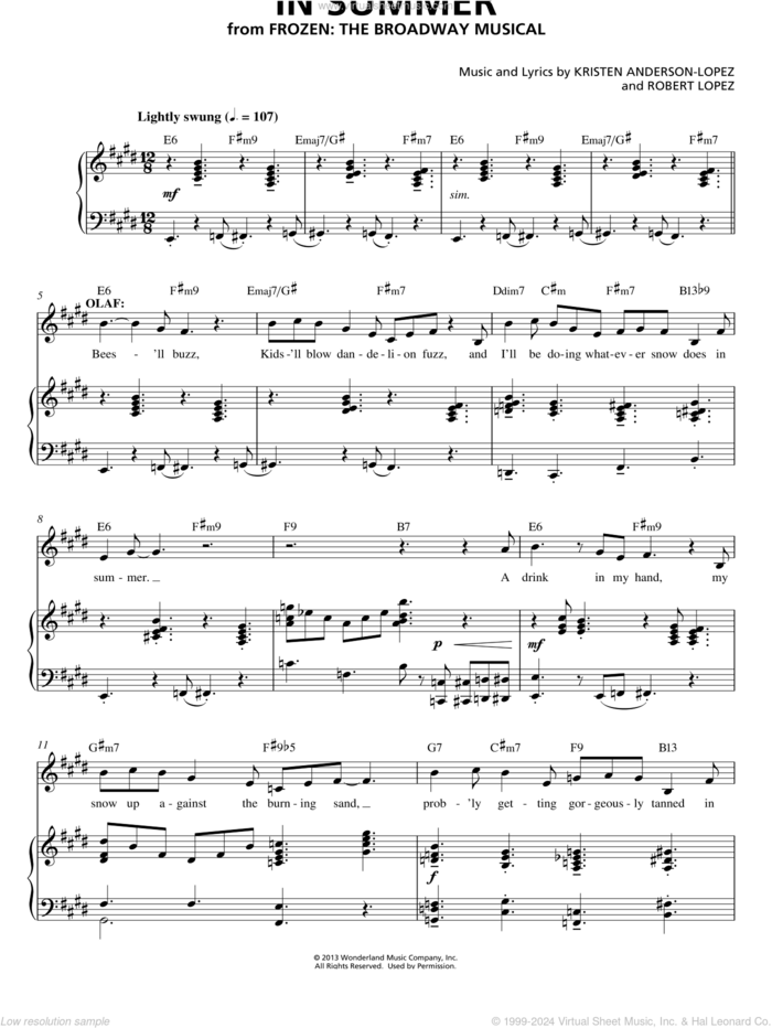In Summer (from Frozen: The Broadway Musical) sheet music for voice and piano by Robert Lopez, Kristen Anderson-Lopez and Kristen Anderson-Lopez & Robert Lopez, intermediate skill level