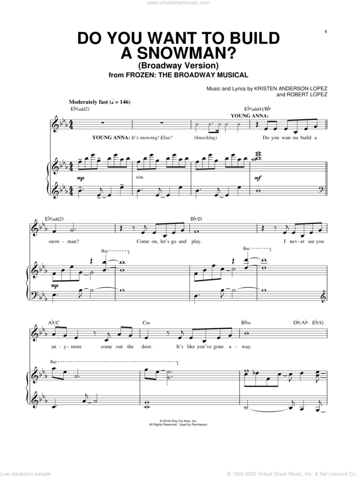 Do You Want To Build A Snowman? (from Frozen: The Broadway Musical) sheet music for voice and piano by Robert Lopez, Kristen Anderson-Lopez and Kristen Anderson-Lopez & Robert Lopez, intermediate skill level