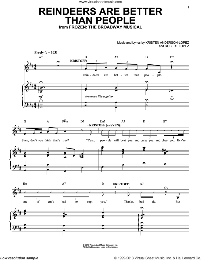 Reindeer(s) Are Better Than People (from Frozen: The Broadway Musical) sheet music for voice and piano by Robert Lopez, Kristen Anderson-Lopez and Kristen Anderson-Lopez & Robert Lopez, intermediate skill level