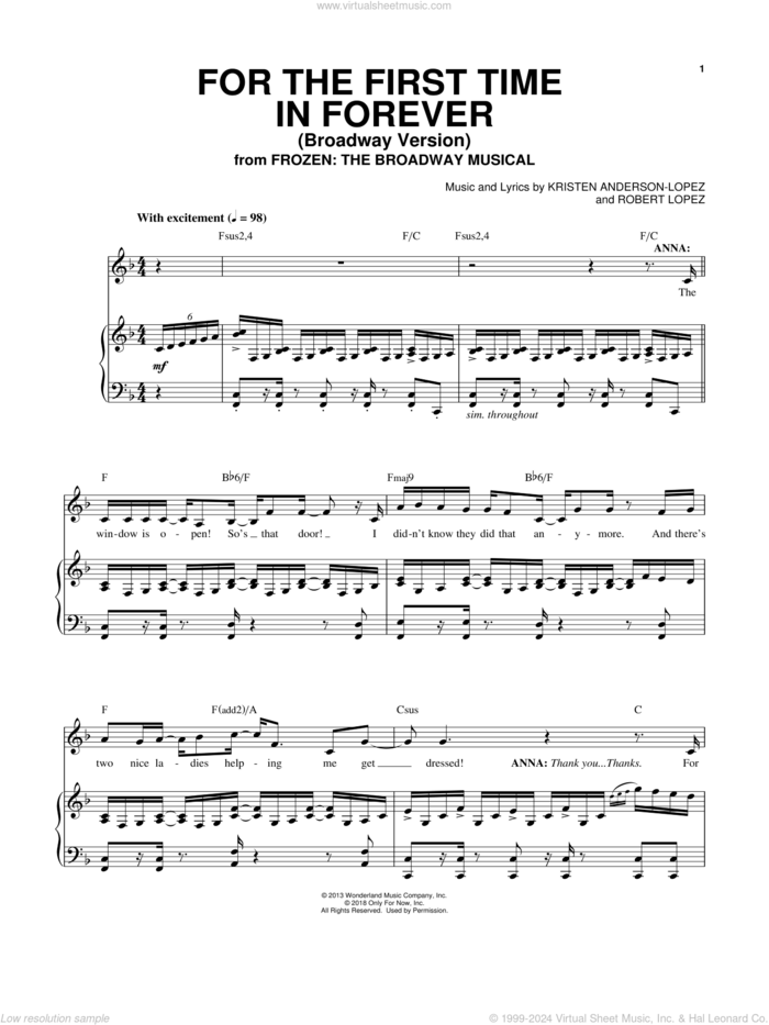 For The First Time In Forever (from Frozen: The Broadway Musical) sheet music for voice and piano by Robert Lopez, Kristen Anderson-Lopez and Kristen Anderson-Lopez & Robert Lopez, intermediate skill level