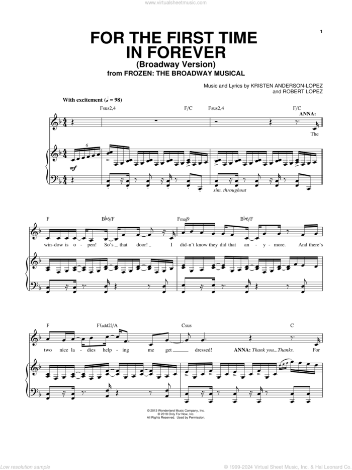 For The First Time In Forever (from Frozen: The Broadway Musical) sheet music for voice and piano by Robert Lopez, Kristen Anderson-Lopez and Kristen Anderson-Lopez & Robert Lopez, intermediate skill level