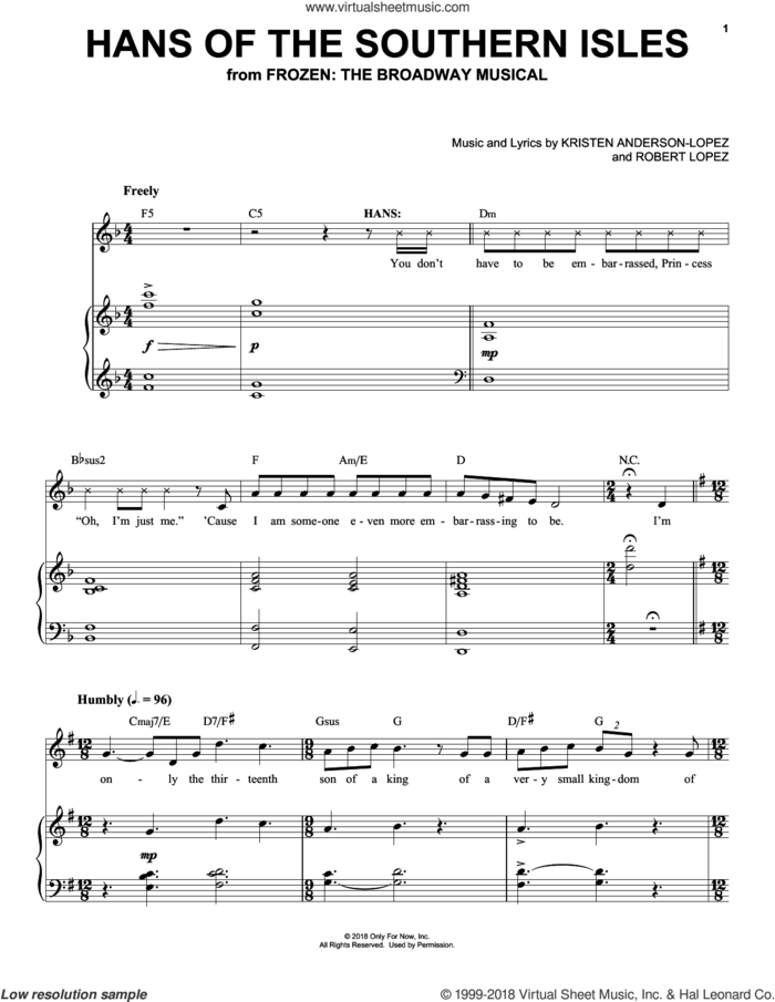 Hans Of The Southern Isles (from Frozen: The Broadway Musical) sheet music for voice and piano by Robert Lopez, Kristen Anderson-Lopez and Kristen Anderson-Lopez & Robert Lopez, intermediate skill level