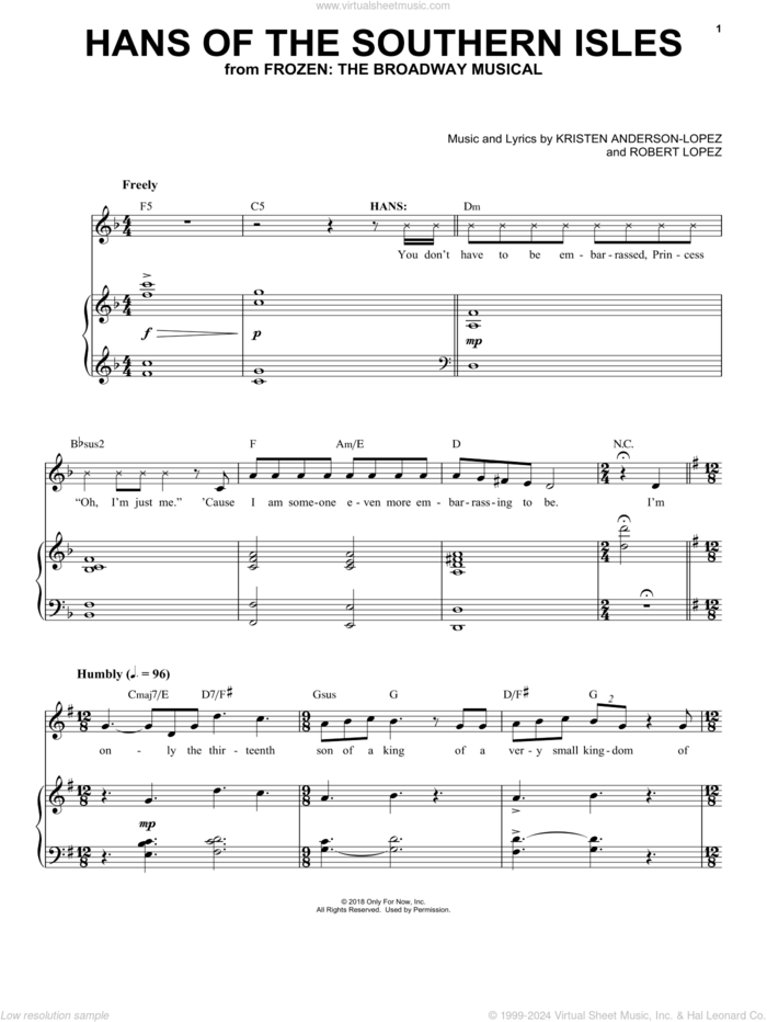 Hans Of The Southern Isles (from Frozen: The Broadway Musical) sheet music for voice and piano by Robert Lopez, Kristen Anderson-Lopez and Kristen Anderson-Lopez & Robert Lopez, intermediate skill level