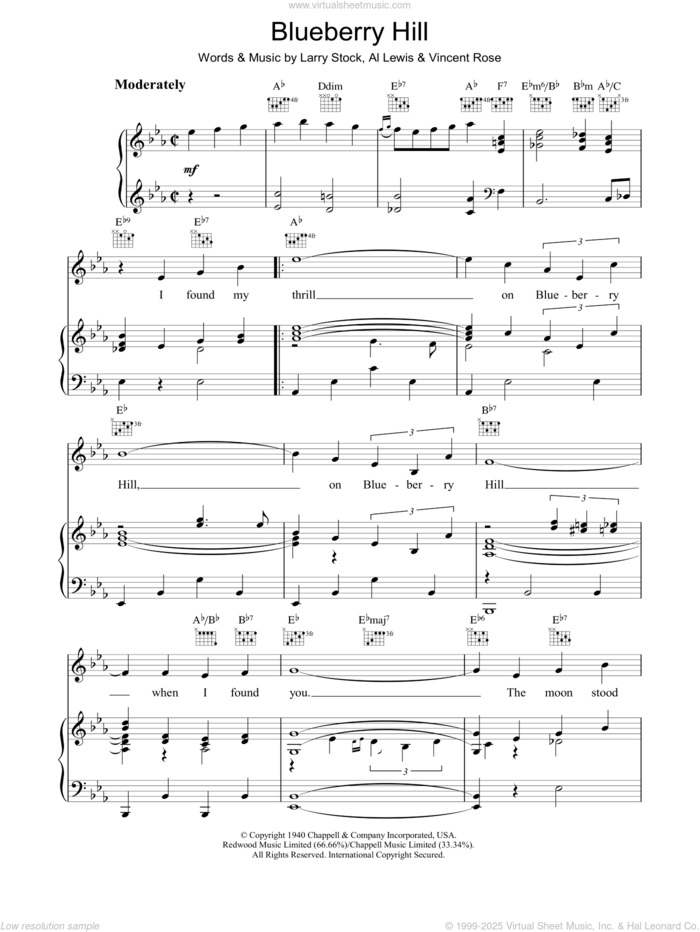Blueberry Hill sheet music for voice, piano or guitar by Fats Domino, Al Lewis, Larry Stock and Vincent Rose, intermediate skill level